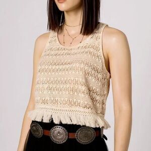 Beige Knit Fringe Trim Tank Top - NEW